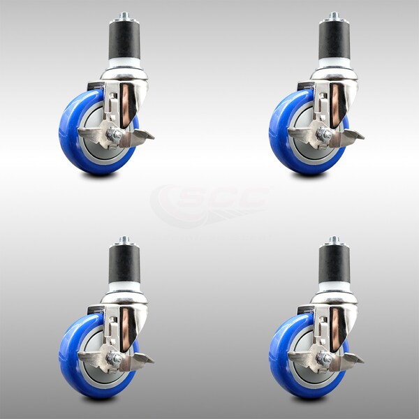Service Caster 4 Inch 316SS Blue Poly Swivel 1-3/4 Inch Expanding Stem Caster Set Brake SCC SCC-SS316EX20S414-PPUBBLUE-TLB-134-4 - main